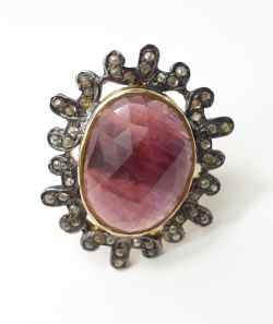 Victorian Style, 925 Sterling Silver Diamond Ring With Natural Ruby Stone Studded In Gold And Black Rhodium. J-1991