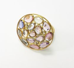 Victorian Jewelry, 925 Sterling Silver Diamond Ring With Natural Multi Sapphire Stone Studded In Gold Plating. J-1994