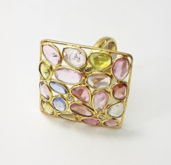 Victorian Style 925 Sterling Silver Ring With Natural Diamond And  Multi Sapphire Stone Studded In Gold Plating. J-1998