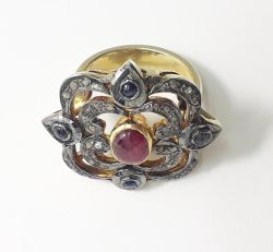 Victorian Style 925 Sterling Silver Ring With Natural Diamond And Ruby Stone Studded In Gold, Black Rhodium. J-2002