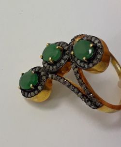 Victorian Style 925 Sterling Silver Ring With Natural Diamond And Emerald Stone Studded In Gold, Black Rhodium. J-2008