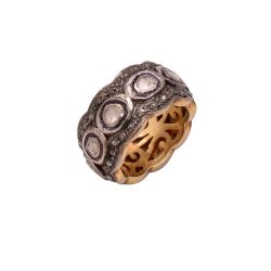 Victorian Jewelry, Silver Diamond Ring With Rose Cut Diamond And Polki Diamond In 925 Sterling Silver Gold, Black Rhodium Plating. J-2015
