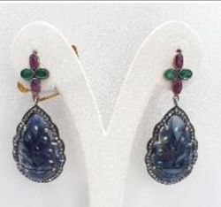 Victorian Jewelry, Silver Diamond Earring With Rose Cut Diamond, Ruby And Polki Diamond In 925 Sterling Silver Gold, Black Rhodium Plating. J-2023