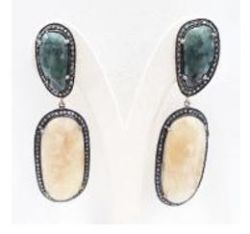 Victorian Jewelry, Silver Diamond Earring With Rose Cut Diamond And Multi Sapphire Stone Studded  In 925 Sterling Silver Gold, Black Rhodium Plating. J-2024