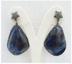 Victorian Jewelry, Silver Diamond Earring With Rose Cut Diamond And Sapphire  In 925 Sterling Silver Gold, Black Rhodium Plating. J-2025