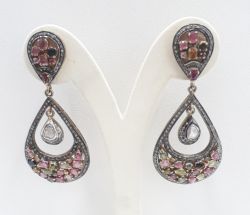  925 Sterling Silver Diamond Earring With Natural Multi sapphire Stone   - J-2046