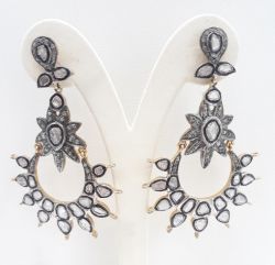  925 Sterling Silver Diamond Earring With Gold, Black Rhodium   - J-2049