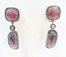  925 Sterling Silver Diamond Earring - Polki Diamond, And Natural Multi sapphire Stone    - J-2051