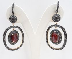  925 Sterling Silver Diamond Earring Studded  With Natural Ruby  Stone  - J-2068