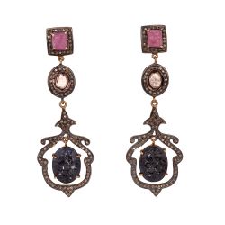  925 Sterling Silver Diamond Earring - Natural Multi sapphire Stone   - J-2076