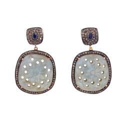  925 Sterling Silver Diamond Earring-  Natural Kyanite, Sapphire  Stone  - J-2079