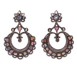  925 Sterling Silver Diamond Earring  In Natural Multi Sapphire Stone   -J-2087