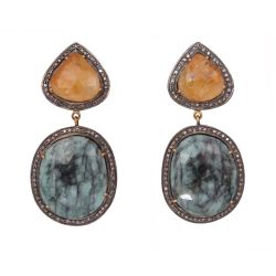  925 Sterling Silver Diamond Earring In Emerald And Yellow Sapphire Stone   -J-2089