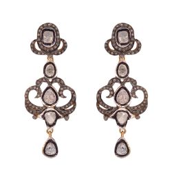  925 Sterling Silver Diamond Earring With Polki Diamond In Black Rhodium Plating -J-2092
