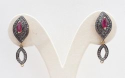  925 Sterling Silver Diamond Earring With Natural Ruby Stone In Victorian Style   - J-2093