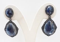  925 Sterling Silver Diamond Earring Studded With Natural Blue Sapphire Stone - J-2097
