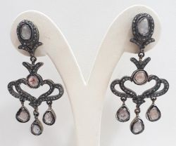  925 Sterling Silver Diamond Earring Studded With  Polki Diamond - J-2099