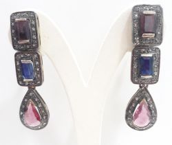  925 Sterling Silver Diamond Earring With Natural Ruby, And Kyanite, Pink Tourmaline - J-2100