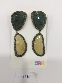  925 Sterling Silver Diamond Earring In Natural Emerald, Yellow Sapphire Stone - J-2160