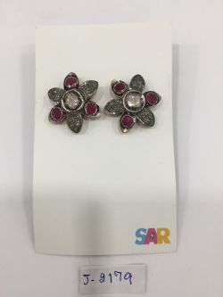  925 Sterling Silver Diamond Earring In  Ruby Stone - J-2179