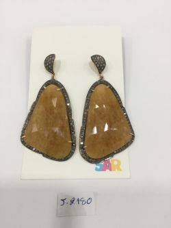  925 Sterling Silver Diamond Earring Studded With Natural Yellow Sapphire Stone - J-2180