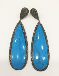  925 Sterling Silver Diamond Earring With Rose Cut Diamonds And Natural Turquoise Stone  - J-2191
