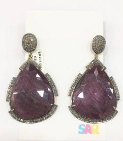  925 Sterling Silver Diamond Earring -  Rose Cut Diamonds And Natural Sapphire Stone  - J-2194