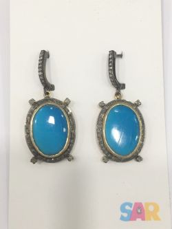  925 Sterling Silver Diamond Earring  Studded With  Natural Sky Blue Chalcedony  - J-2195