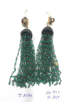  925 Sterling Silver Diamond Earring With Green Sapphire and Natural Diamonds   - J-2198