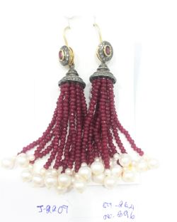  925 Sterling Silver Diamond Earring With Rose Cut Diamond And Ruby, Pearl Stone - J-2207