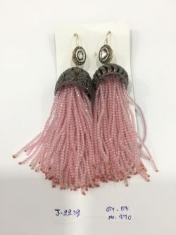  925 Sterling Silver Diamond Earring -  Polki Diamond And Rose Quartz Stone  - J-2212