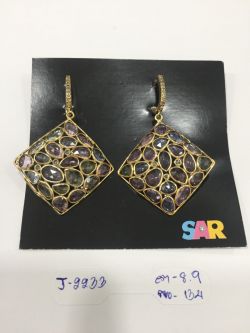  925 Sterling Silver Diamond Earring With Gold, Black Rhodium Plating   - J-2233