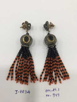  925 Sterling Silver Diamond Earring -  Rose Cut Diamond, Cornelian, And  Black Spinel,   - J-2234
