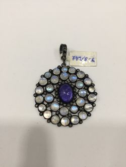 Victorian Jewelry, Silver Diamond Pendant With Rose Cut Diamond, And Tanzanite, Rainbow Moonstone Stone Studded In 925 Sterling Silver, Black Rhodium Plating. J-2442