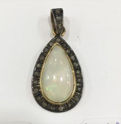 925 Sterling Silver Diamond Pendant - Rose-cut Diamond, Opal - J-2527