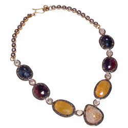   925 Sterling Silver Diamond Necklace - Multi Sapphire , J-2504