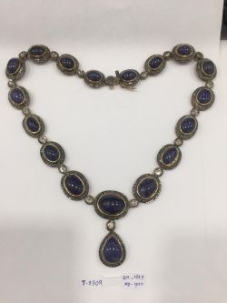 925 Sterling Silver Diamond Necklace Studded With Polki Diamond, Tanzanite - J-2509