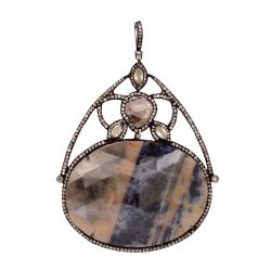 925 Sterling Silver Diamond Pendant - Antique , Natural Sapphire - J-311