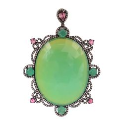 925 Sterling Silver Black Rhodium Plated Diamond Pendant - Antique and Natural Green Onyx ,J-316