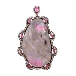 925 Sterling Silver Diamond Pendant -  Antique, Natural Sapphire -  J-322