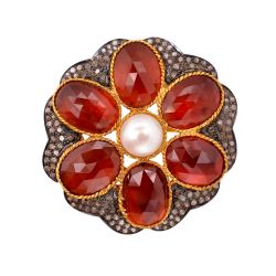 Handmade 925 Sterling Silver Pendant With Diamond, Pearl And Hessonite Garnet - J-381 