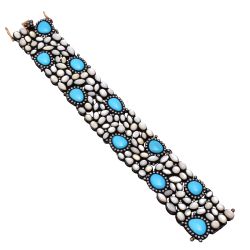 925 Sterling Silver Diamond Bracelet - Rose Cut Diamond, Pearl And Turquoise,  J-421