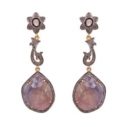 Victorian Jewelry, Diamond Earring With Rose Cut Diamond And Polki Diamond, Sapphire Stone Studded In 925 Sterling Silver Gold Plating. J-101