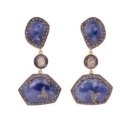 Victorian Jewelry, Diamond Earring With Rose Cut Diamond And Polki Diamond, Sapphire Stone Studded In 925 Sterling Silver Gold Plating. J-103