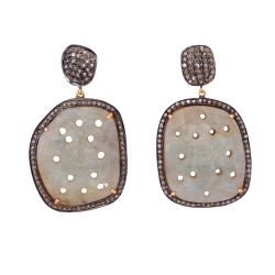 Victorian Jewelry, Diamond Earring With Rose Cut Diamond And Sapphire Stone Studded In 925 Sterling Silver Gold Plating. J-110
