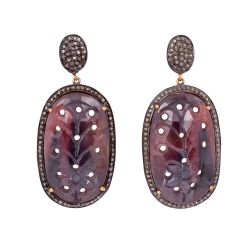 Victorian Jewelry, Diamond Earring With Rose Cut Diamond And Sapphire Stone Studded In 925 Sterling Silver Gold Plating.J-115