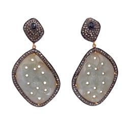 Victorian Jewelry, Diamond Earring With Rose Cut Diamond And Sapphire Stone Studded In 925 Sterling Silver Gold Plating. J-117