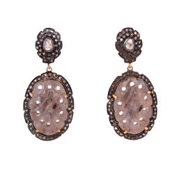 Victorian Jewelry, Diamond Earring With Rose Cut Diamond And Polki Diamond, Sapphire Stone Studded In 925 Sterling Silver Gold Plating. J-120
