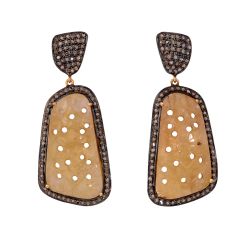 Victorian Jewelry, Silver Diamond Earring With Rose Cut Diamond And Yellow Sapphire Stone Studded In 925 Sterling Silver Gold Plating. J-13