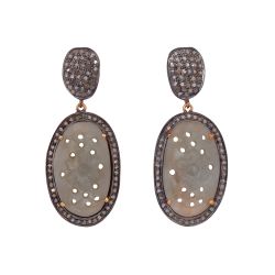 Victorian Jewelry, Silver Diamond Earring With Rose Cut Diamond And Carving Sapphire Stone Studded In 925 Sterling Silver Gold Plating. J-148